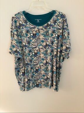 Karen Scott Blue Teal Floral Scoop Neck Short Sleeve Top